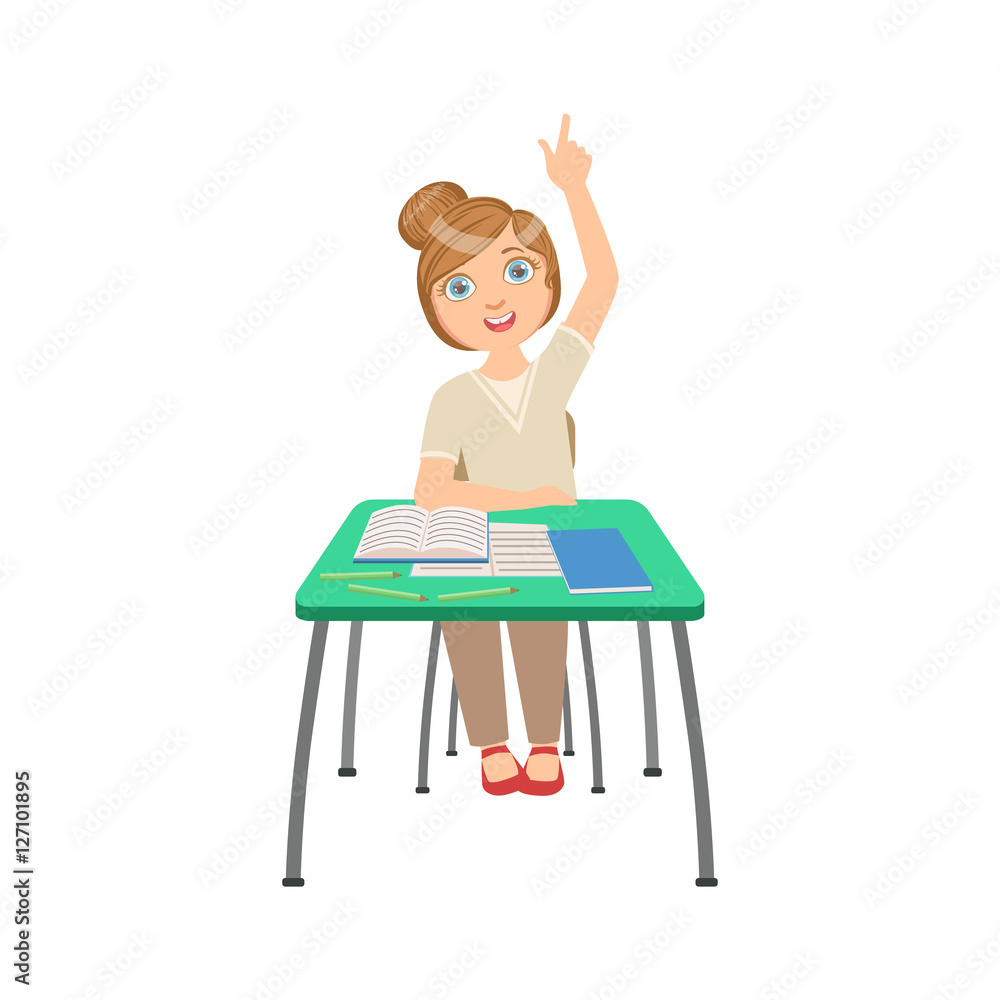 Fototapeta premium Know-it-all Schoolgirl Sitting Behind The Desk In School Class Illustration, Part Of Scholars Studying Vector Collection.