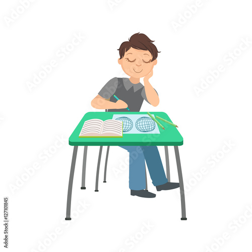 Schoolboy Sitting Behind The Desk In School Class Drawing In Geographic Map Illustration, Part Of Scholars Studying Vector Collection.