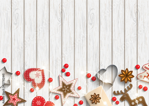 Christmas background, small scandinavian styled decorations lying on white wooden backdrop, illustration