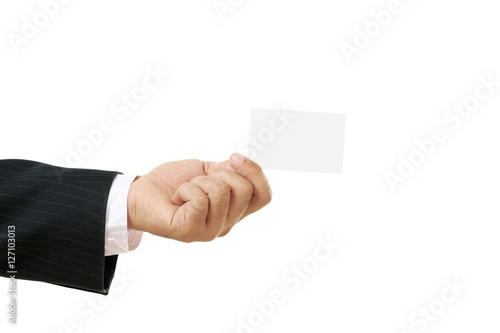 Businessman holding blank card in his hand on white background