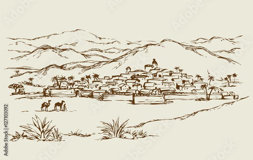 City in a desert. Vector drawing