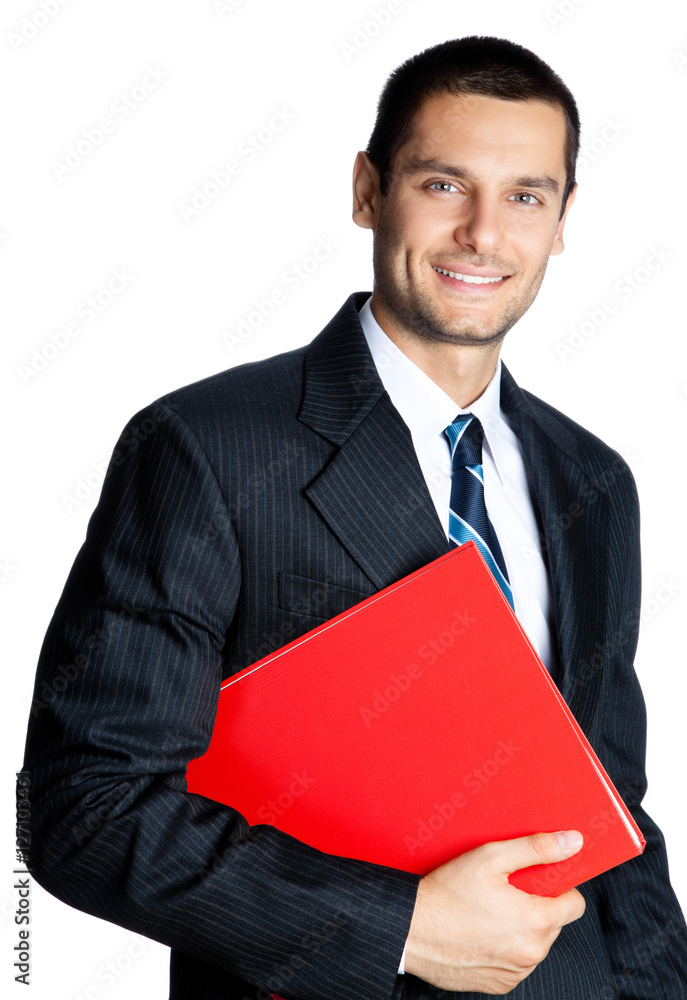 Portrait of happy smiling young businessman with red folder, isolated against white background. Success in business, job and education concept studio shot. Portrait of happy smiling young businessman with red folder, isolated against white background. Success in business, job and education concept studio shot.