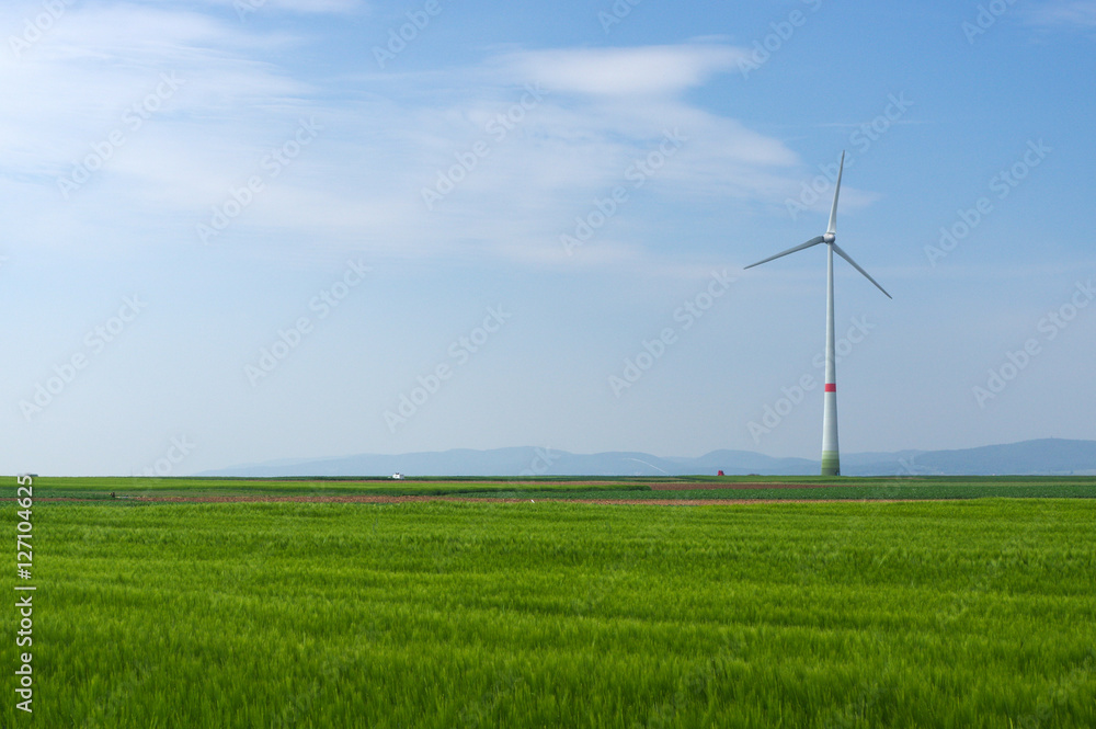 green meadow with Wind turbines generating electricity green meadow with Wind turbines generating electricity