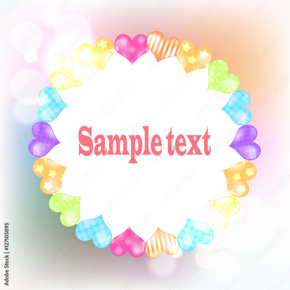 White frame with hearts on abstract blurred colorful background