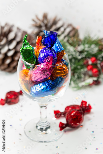 Chocolate sweets in a glass for Christmas sharing.