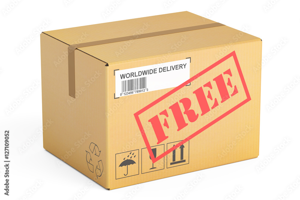 Free delivery concept. Cardboard box, 3D rendering Free delivery concept. Cardboard box, 3D rendering