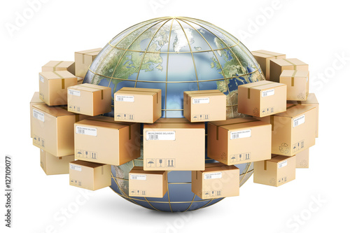 Valokuva Global shipping and delivery concept, parcels cardboard boxes ar