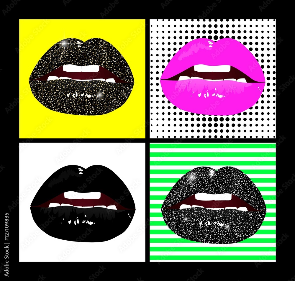 Vector female lips set. Fashion patches elements in pop art, retro style. Bright background and beautiful gloss lips of woman with different colors lipstick. Vector female lips set. Fashion patches elements in pop art, retro style. Bright background and beautiful gloss lips of woman with different colors lipstick.