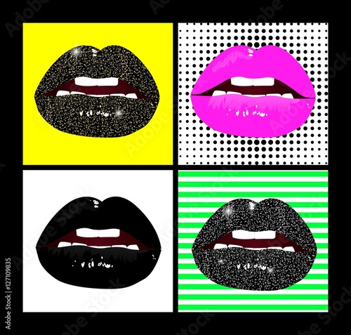 Vector female lips set. Fashion patches elements in pop art, retro style. Bright background and beautiful gloss lips of woman with different colors lipstick.