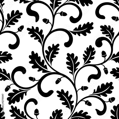 Seamless pattern. Twisted branches with oak leaves isolated on a white background