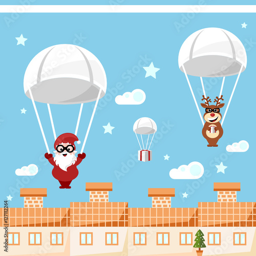 santa claus and reindeer delivering christmas presents by parachute