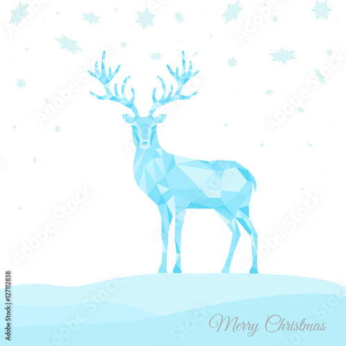  Christmas greeting card with blue  reindeer  on winter backgrou