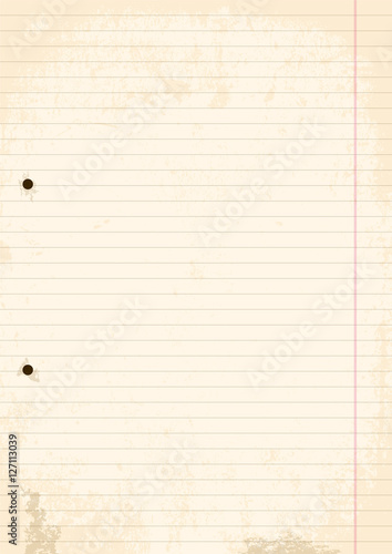 Grunge sheet of line Paper. Vector, Illustration of A4 sheet of line Paper with holes. Grunge and worn style.