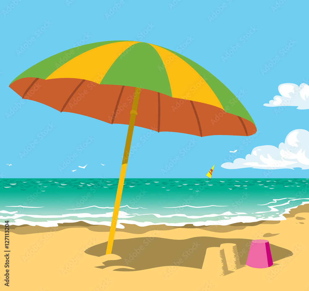 Sunny sea beach with umbrella. Cartoon vector illustration