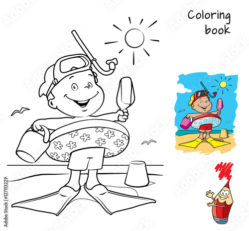 Little boy with swimming circle, flippers and mask on the beach. Coloring book. Cartoon  vector illustration