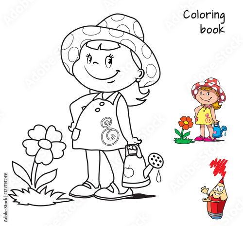 Cute little girl watering flower. Coloring book. Cartoon vector illustration