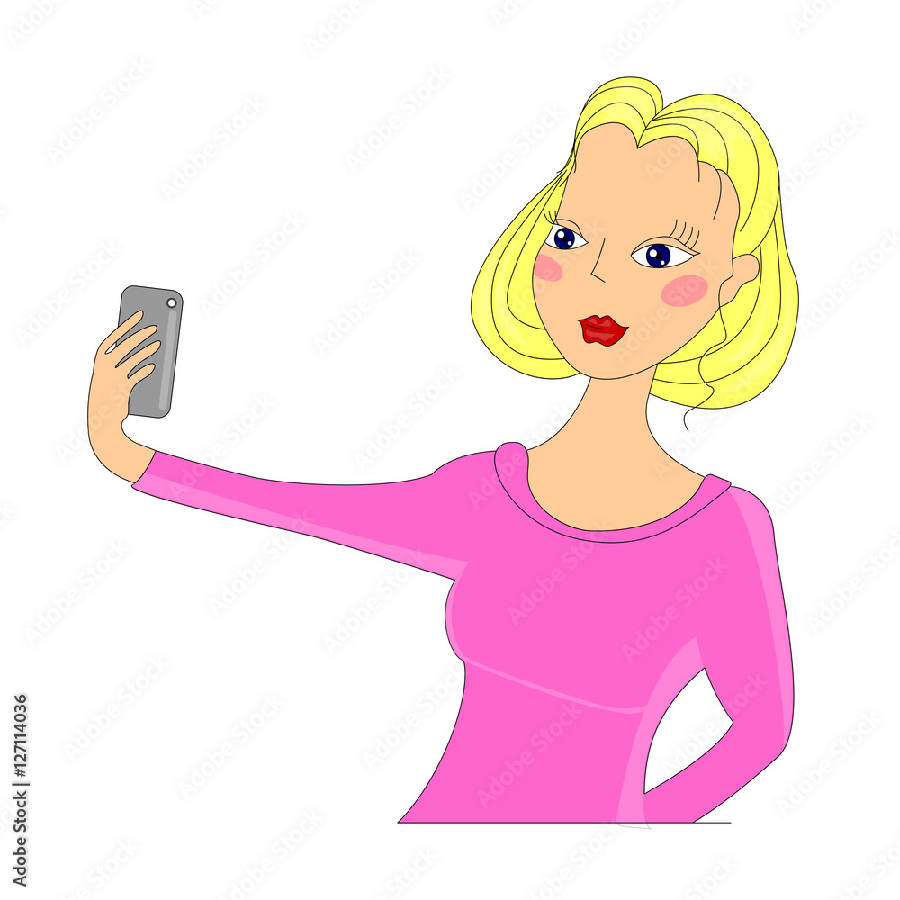 fashion selfie illustration with a cute young girl taking a selfie on her phone, isolated on white background fashion selfie illustration with a cute young girl taking a selfie on her phone, isolated on white background