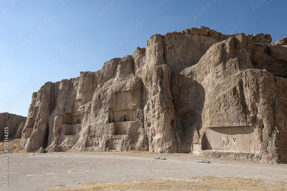 Iran, Necropolis (Naqsh-e Rustam, Ka'ba-ye Zartusch): People visit the ancient necropolis place in Iranian Pars Province about 12 km northwest of Persepolis.