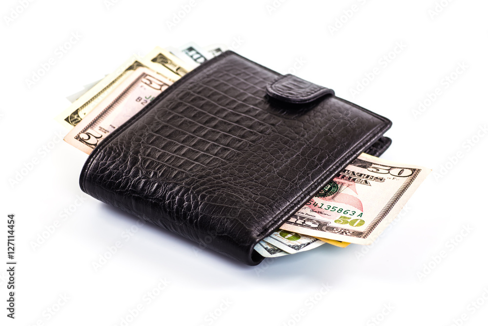 men's black wallet money in cash white background men's black wallet money in cash white background