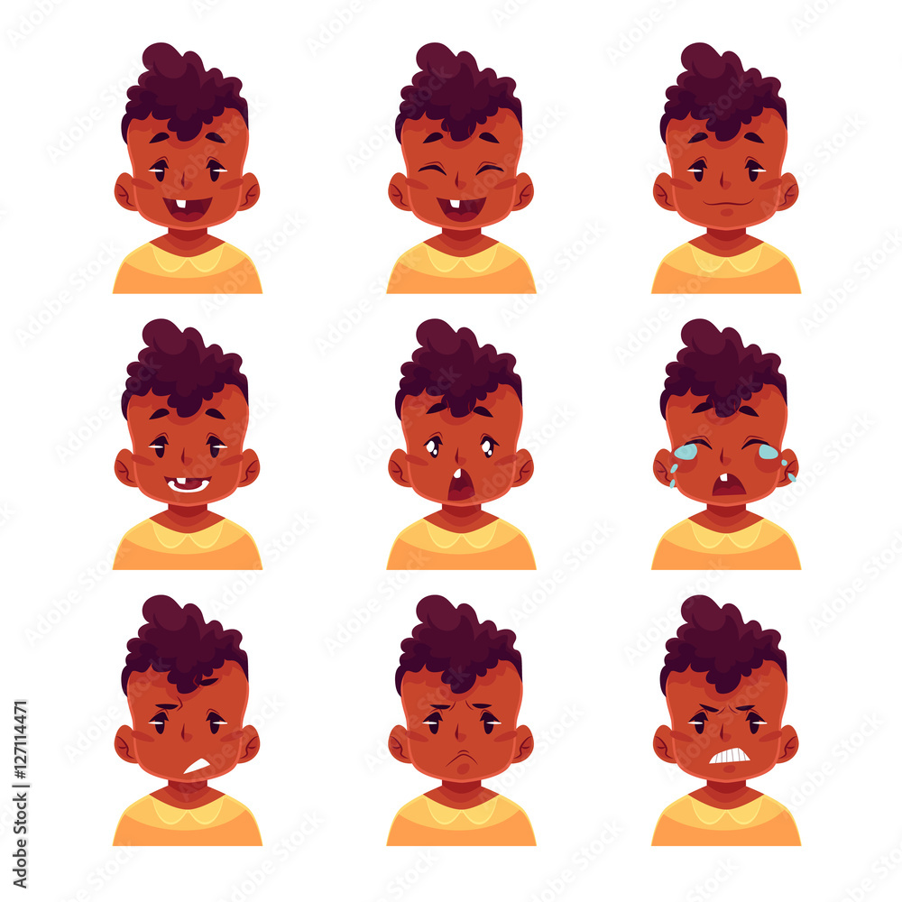 Little boy face expression, set of cartoon vector illustrations isolated on  white background. black male kid emoji face icons, facial expressions, set  of baby boy avatars with different emotions Stock Vector