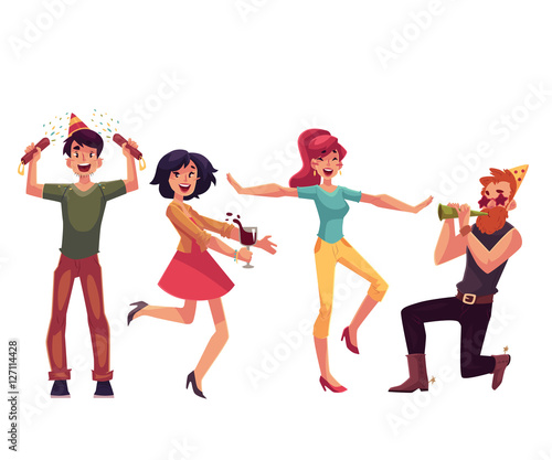 Set of friends having fun at a birthday party, cartoon vector illustration isolated on white background. Boys and girls dancing, popping party poppers, blowing birthday horns and having fun together