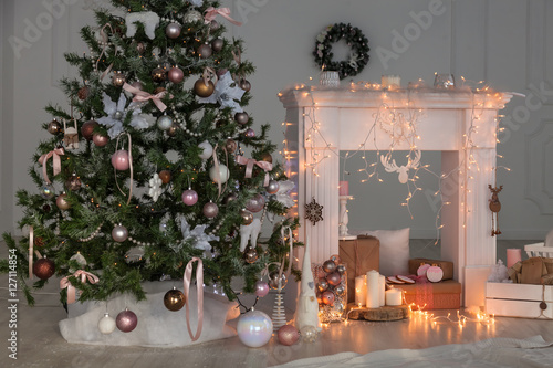 Happy New Year Christmas decor,  Background, fireplace,  tree.  card