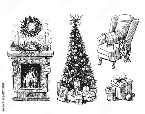 christmas tree and fireplace