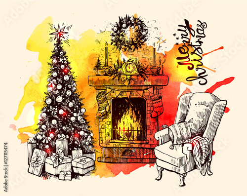 christmas tree and fireplace