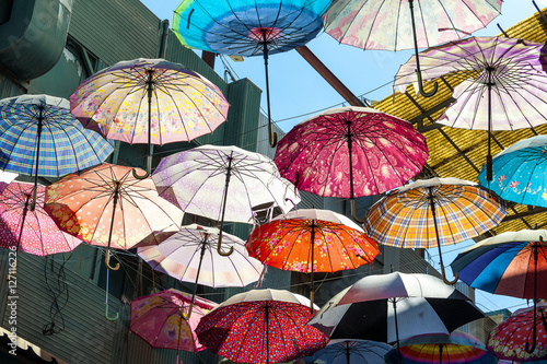 Iran  Shiraz  Colorful umbrellas used as roof and sun protection in the old bazaar of the city center.