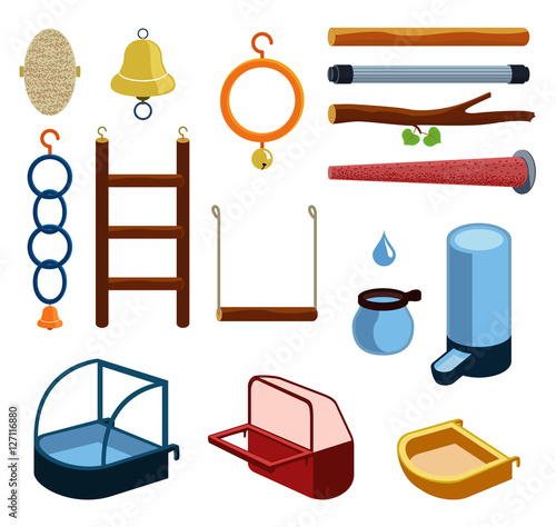 Isolated accessories for parrot, canary or other bird in cage. Vector illustration of perch, wood branch, bell, trough, feeder, drinking bowl, plaything, toy, ladder, bath, ring for pets. Icon set.