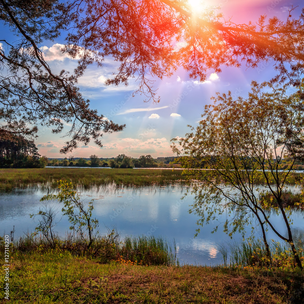 Fantastic sunset. Beautiful evening sunny landscape with trees, grass and river. majestic autumn landscape. Dramatic scenic summer scene. Beauty in the world. soft light effect Fantastic sunset. Beautiful evening sunny landscape with trees, grass and river. majestic autumn landscape. Dramatic scenic summer scene. Beauty in the world. soft light effect