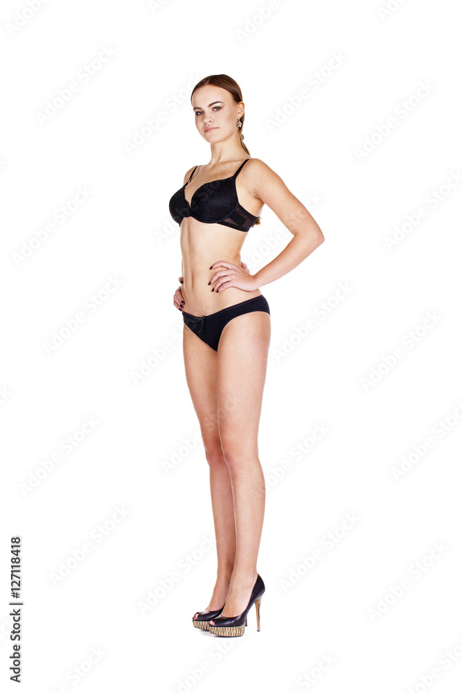 Full portrait of sexy lady in black lingerie, isolated on white Full portrait of sexy lady in black lingerie, isolated on white