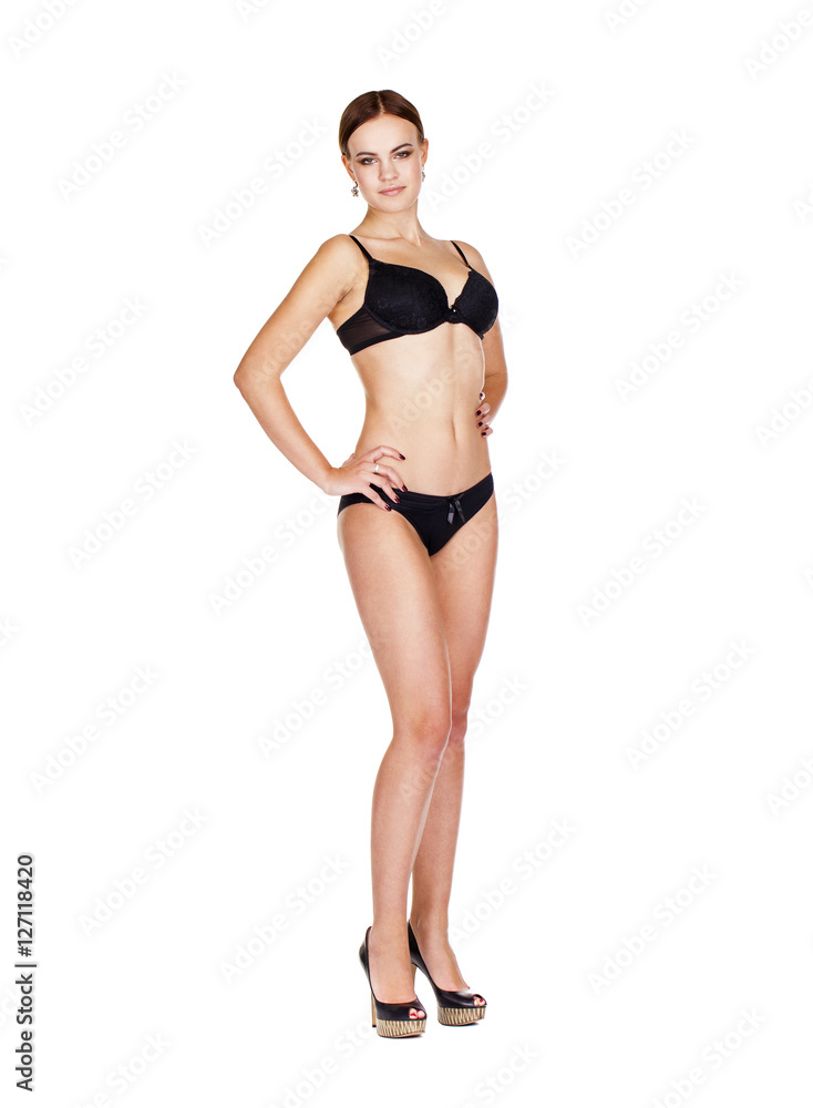Full portrait of sexy lady in black lingerie, isolated on white Full portrait of sexy lady in black lingerie, isolated on white