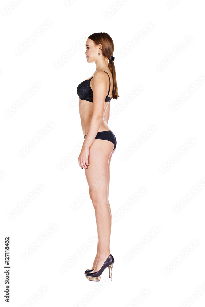 Full portrait of sexy lady in black lingerie, isolated on white Full portrait of sexy lady in black lingerie, isolated on white