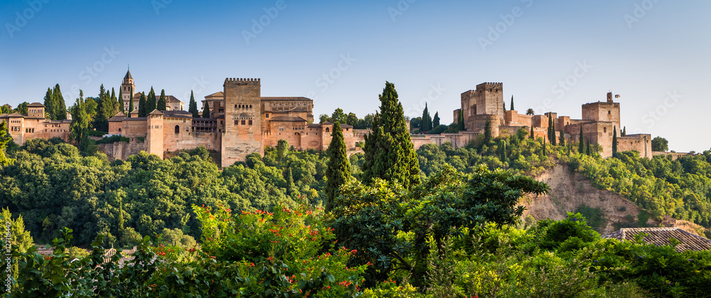 Famous Alhambra Royal Palace (UNESCO heritage) from the view point in front of the Alhambra hill