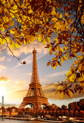 Eiffel Tower with autumn leaves in Paris, France