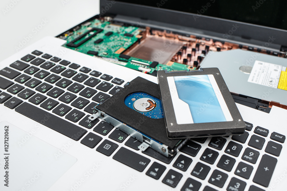 Repair laptop on white background,Computer laptop broken. Repair laptop on white background,Computer laptop broken.
