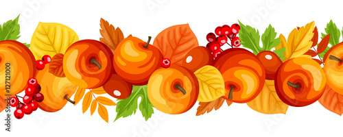 Vector horizontal seamless garland with autumn colorful apples, rowanberries and leaves.