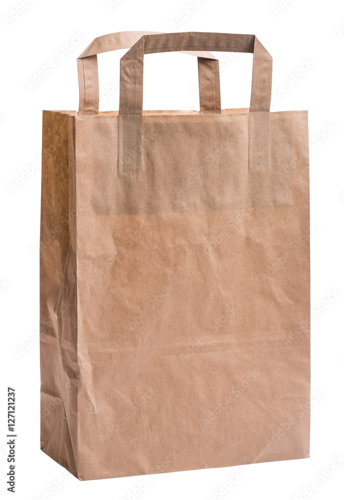 empty paper bag from the store is isolated on a white background in macro lens shot empty paper bag from the store is isolated on a white background in macro lens shot