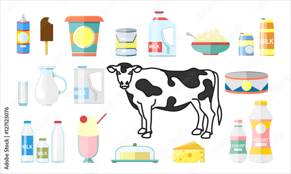 Set of cartoon food: dairy products.Vector illustration, isolated on white.
