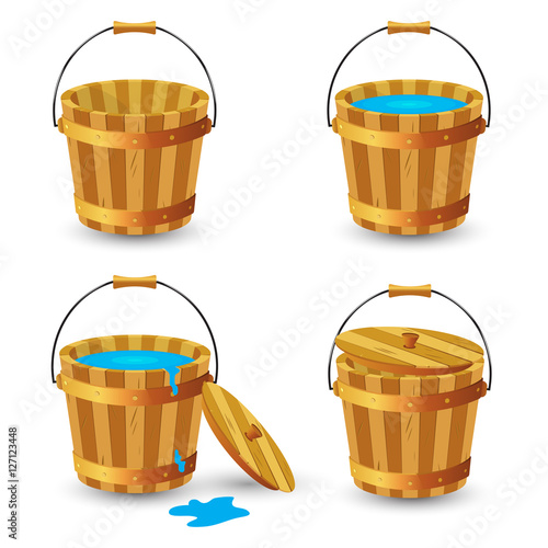 Set of wooden buckets. Wooden bucket with clean drinking water.