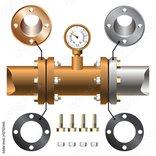 Illustration pipeline and flanges connection. Realistic pipeline