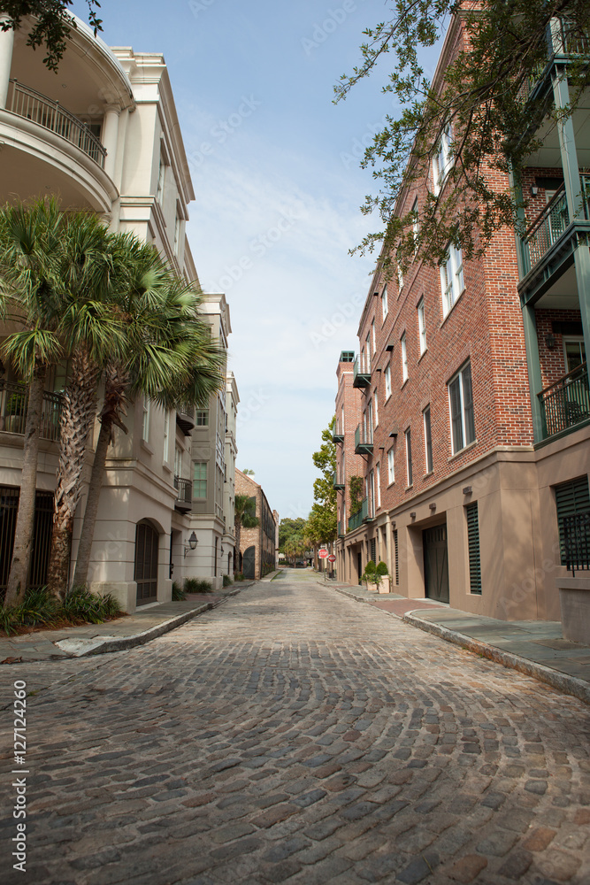 Quiet cobblestone street near the waterfront, Charleston, South Carolina Quiet cobblestone street near the waterfront, Charleston, South Carolina