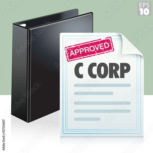 Approved stamp on a C corporation legal document with black three ring binder
