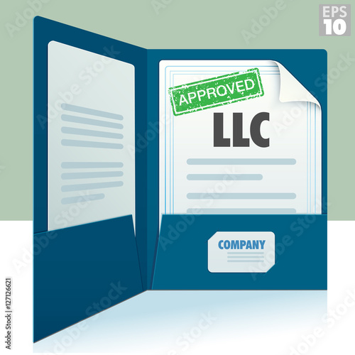 Blue two pocket folder with business card and Limited Liability Corporation approved documents