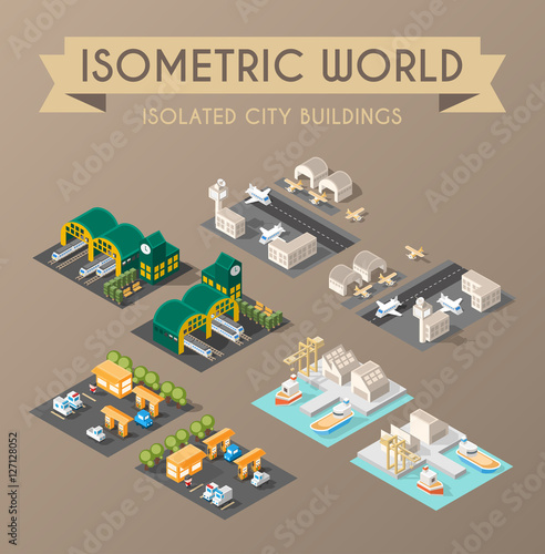 Set of Isolated Isometric Minimal City Elements. Petrol Station , Airport , Railway Station and Harbor with Shadows on Dark Background.