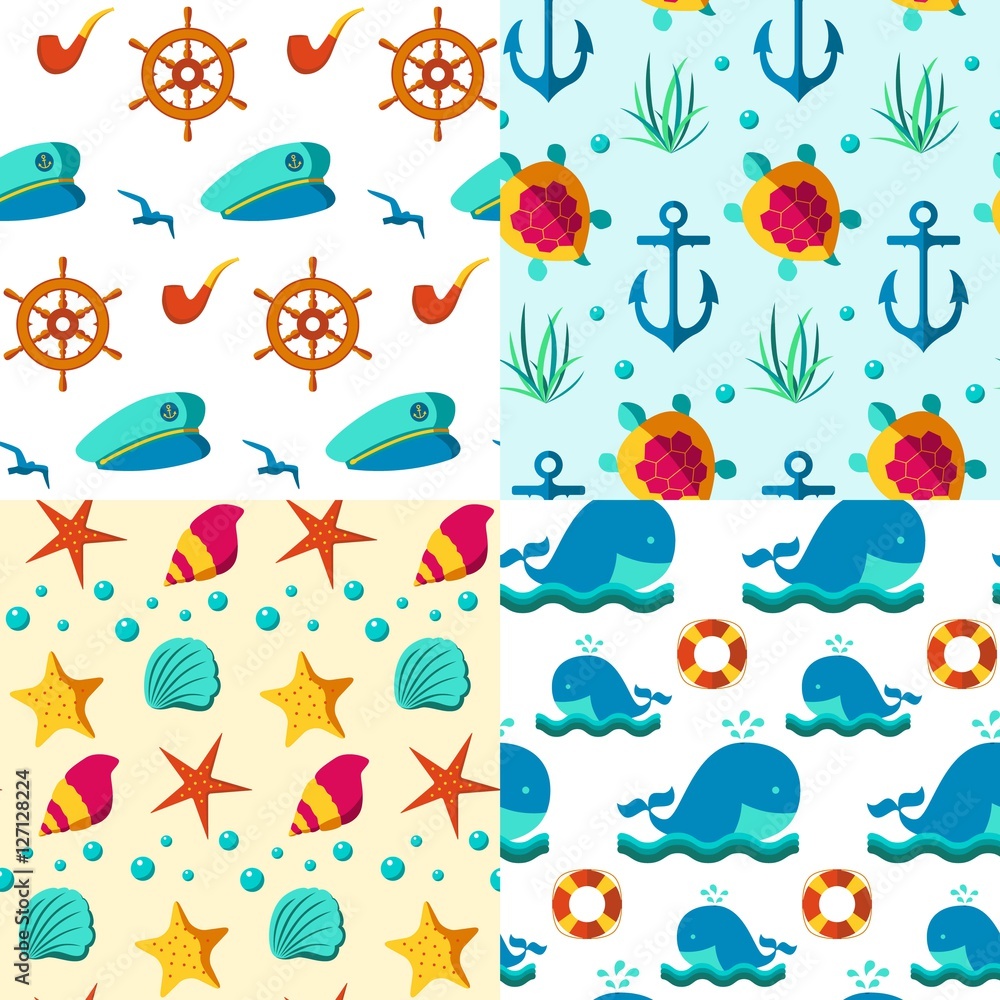Fototapeta premium Seamless patterns nautical elements 