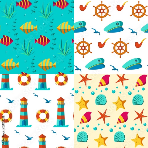 Seamless patterns nautical elements 