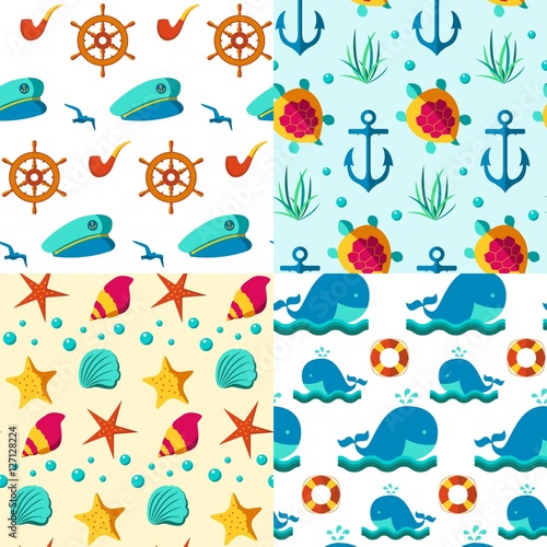 Seamless patterns nautical elements 