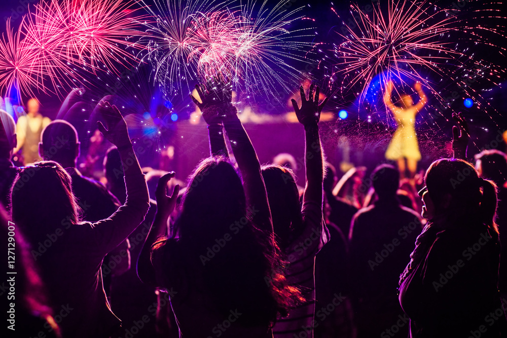 cheering crowd and fireworks